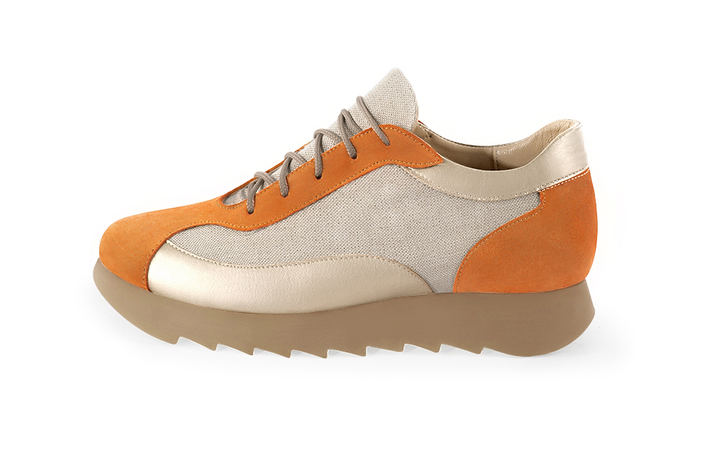 Apricot orange and gold women's two-tone elegant sneakers. Round toe. Low rubber soles. Profile view - Florence KOOIJMAN